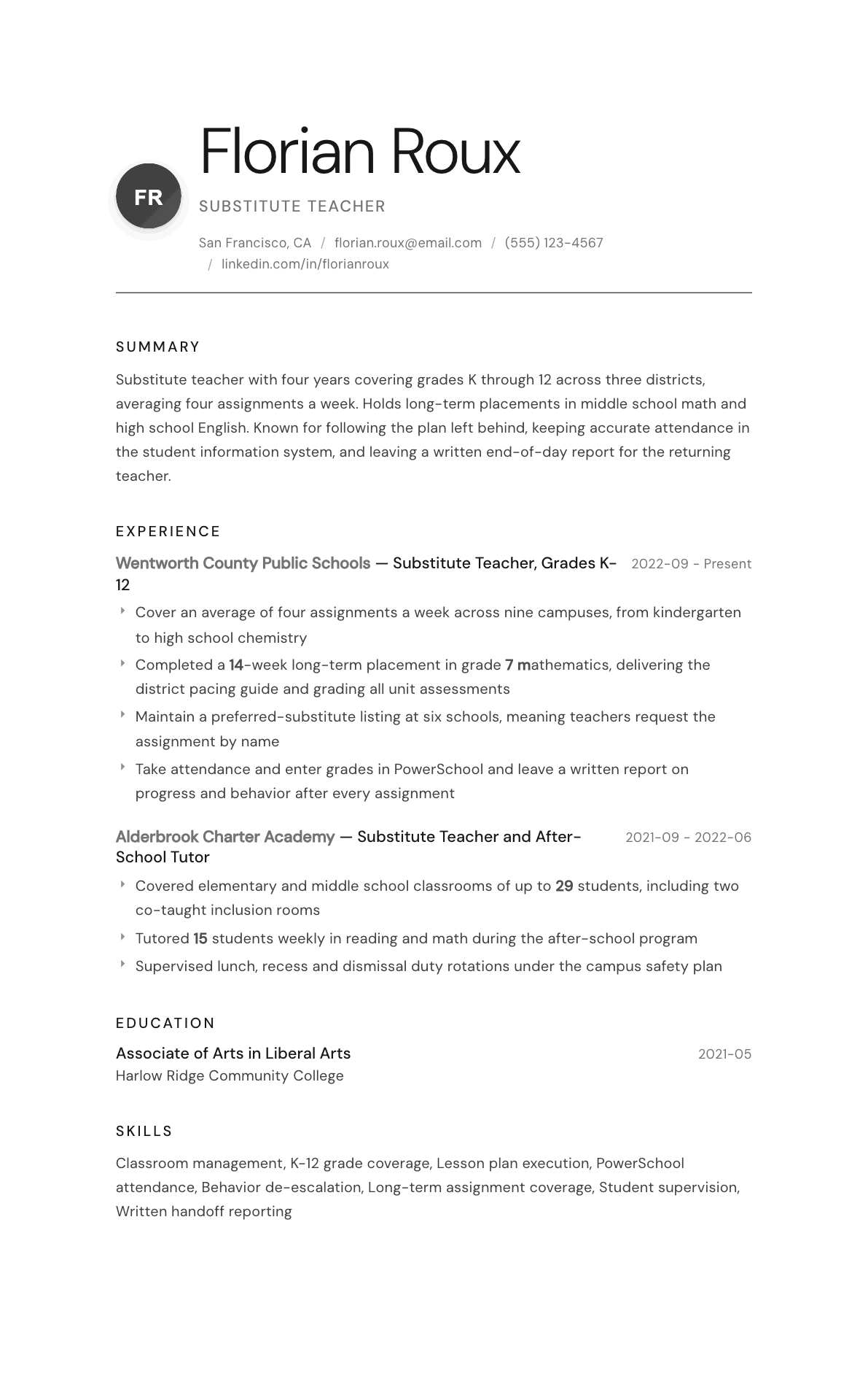 Substitute Teacher resume example, Whisper template