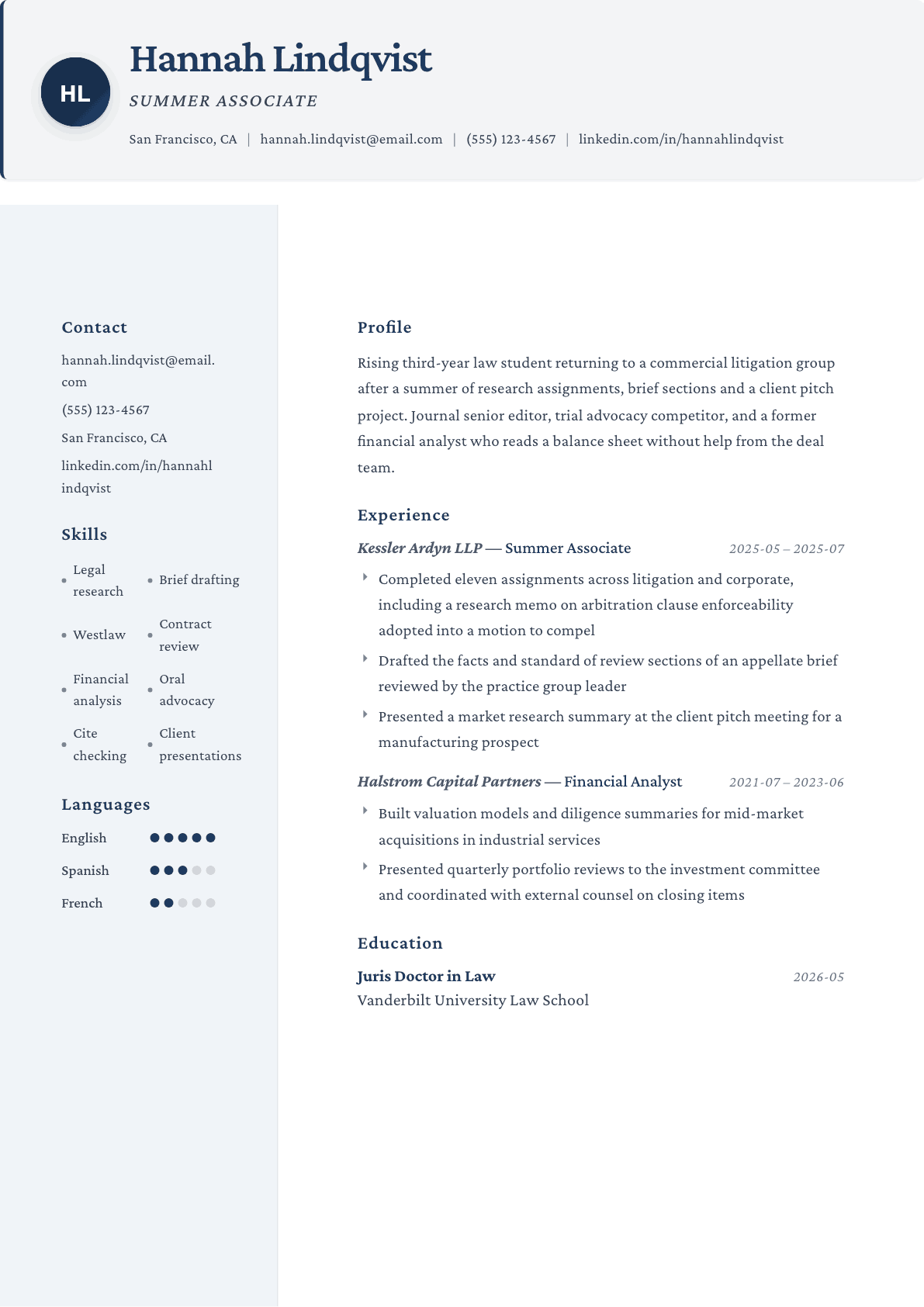 Summer Associate resume example, Formal template