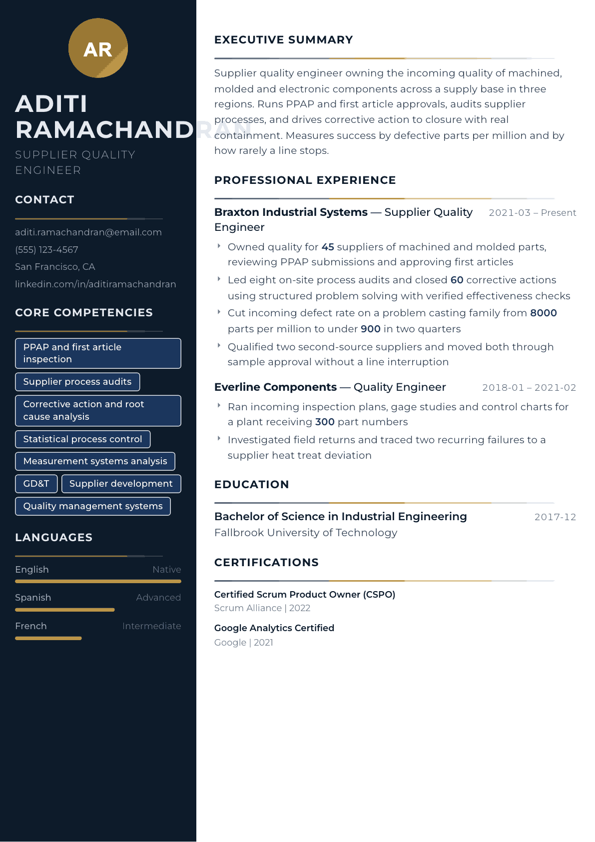 Supplier Quality Engineer resume example, Catalyst template