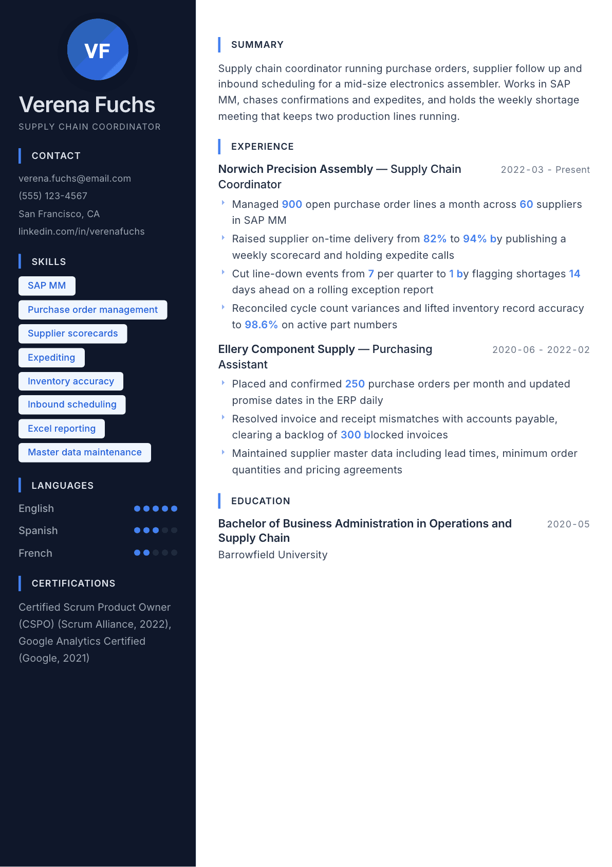 Supply Chain Coordinator resume example, Midnight Sapphire template