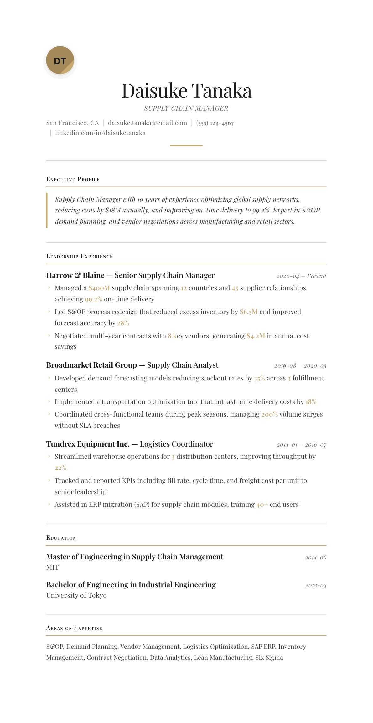 Supply Chain Manager resume example, Chancellor template