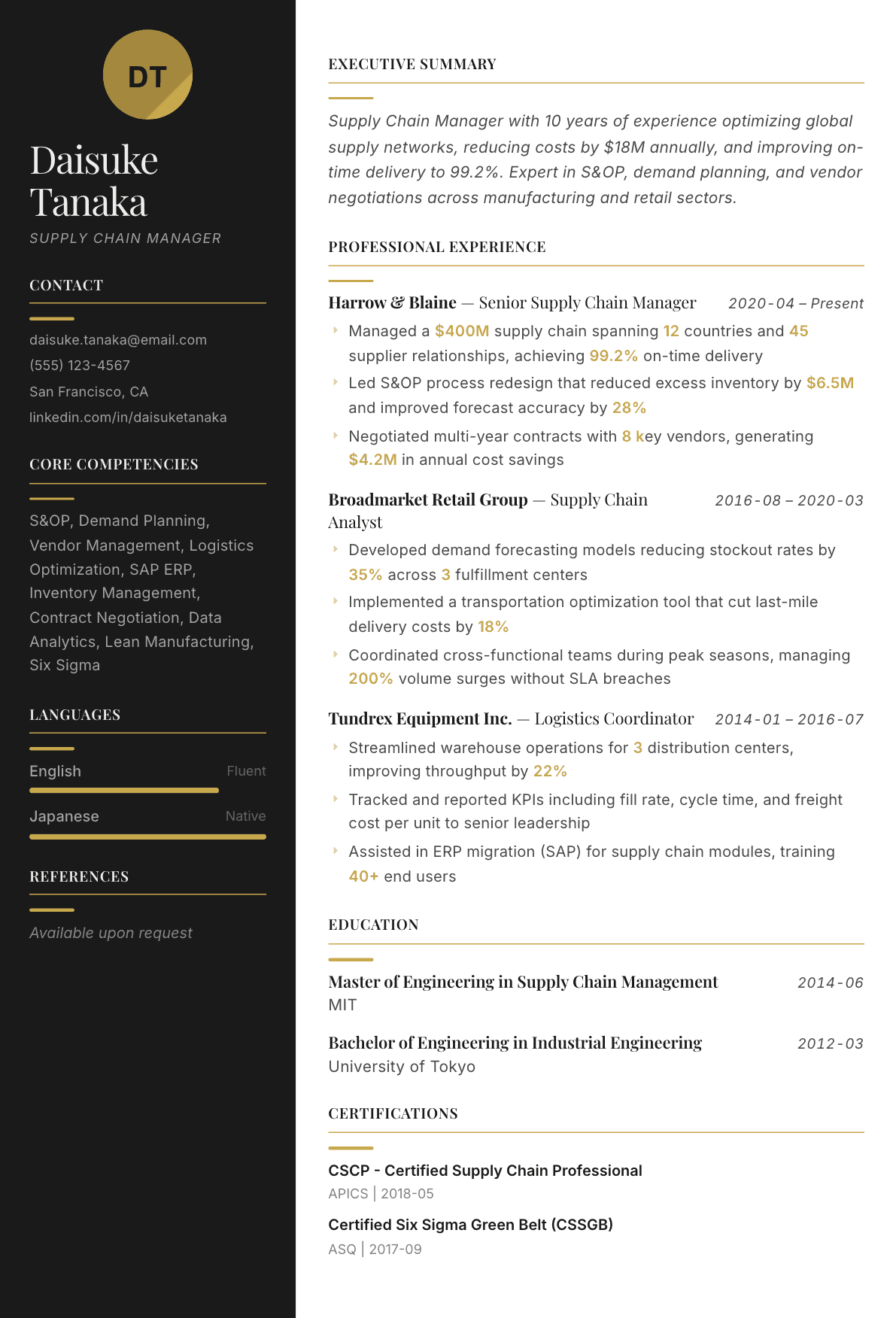 Supply Chain Manager resume example, Ink & Gold template