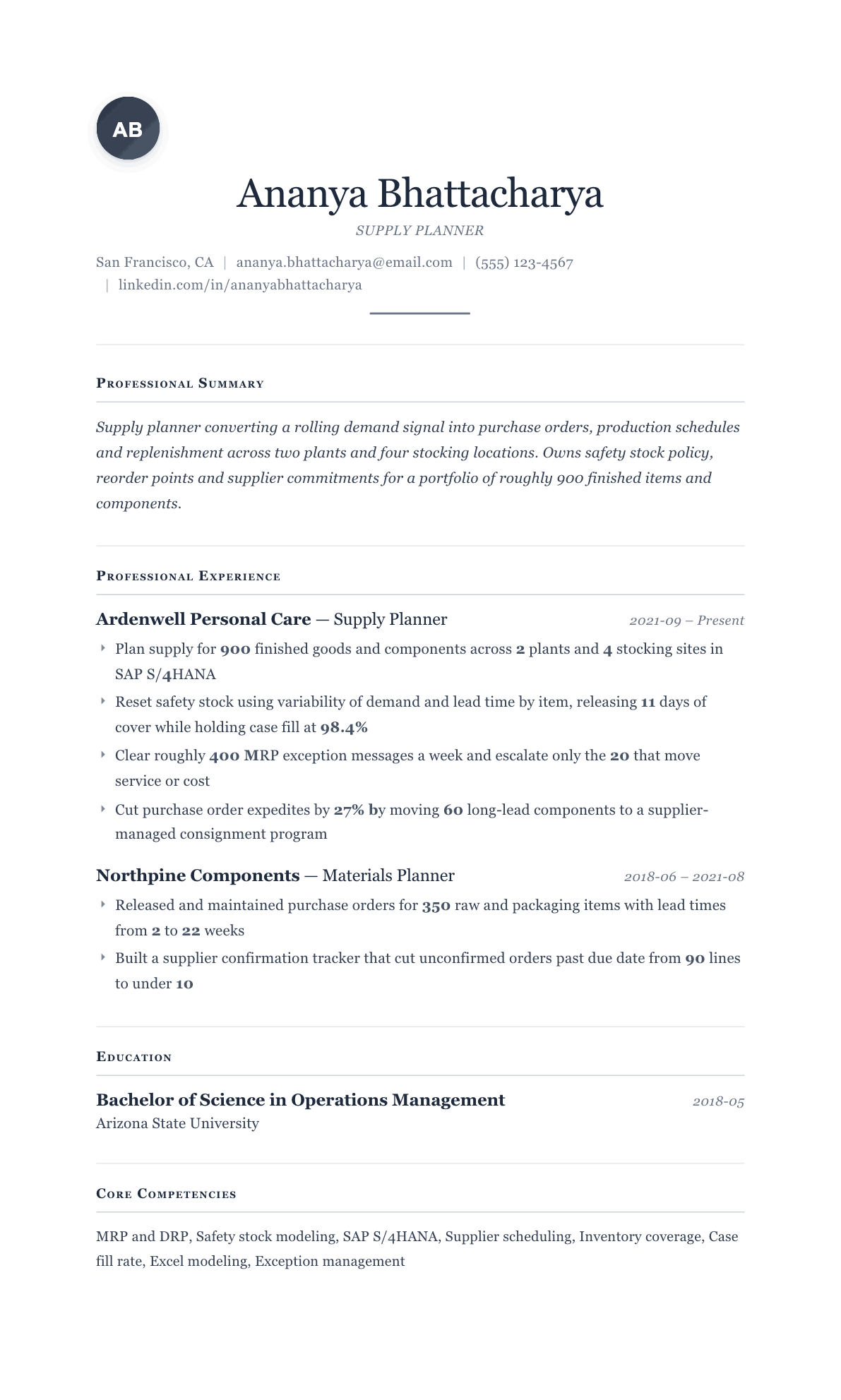 Supply Planner resume example, Cornerstone template