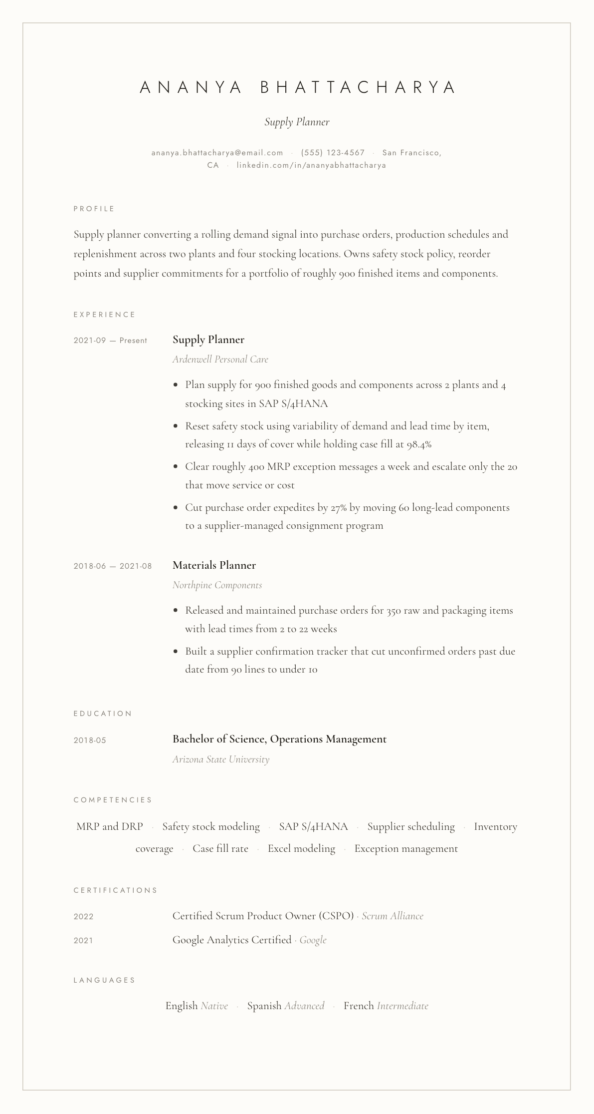 Supply Planner resume example, Vellum template