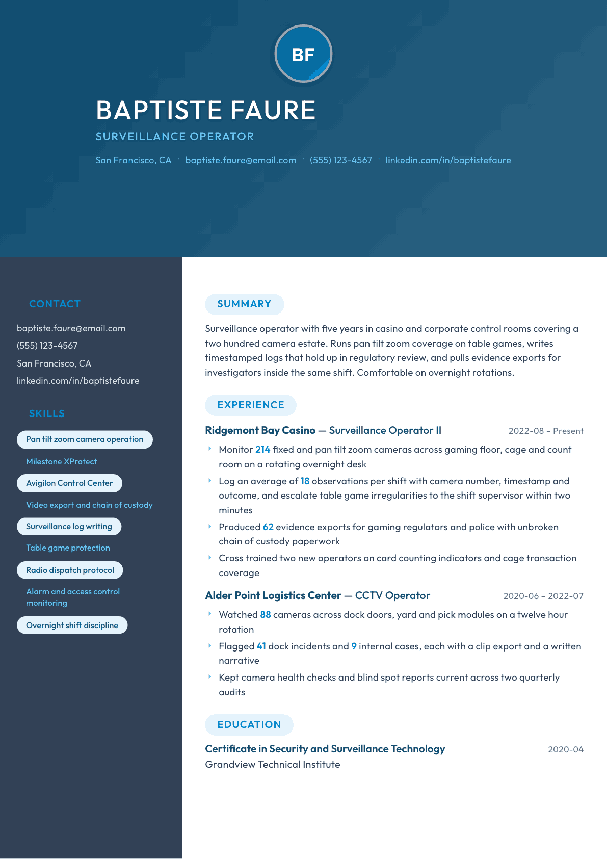 Surveillance Operator resume example, Nexus template