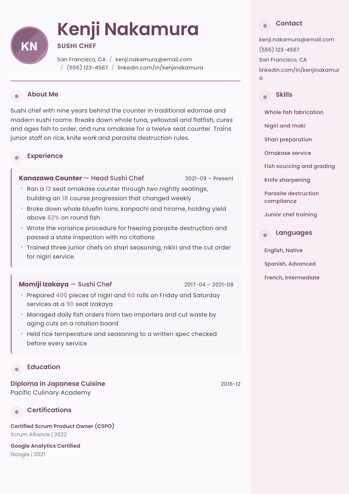 Sushi Chef resume example, Bloom template