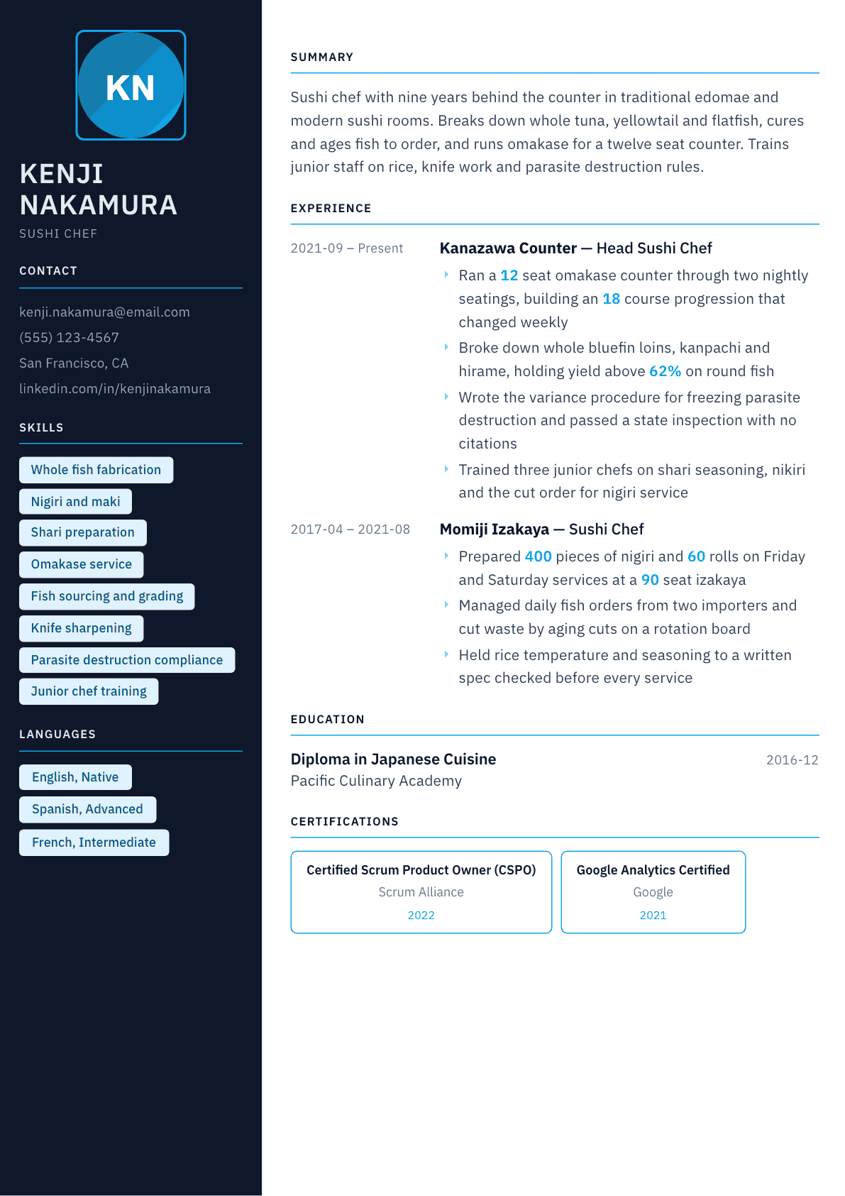 Sushi Chef resume example, Everest template