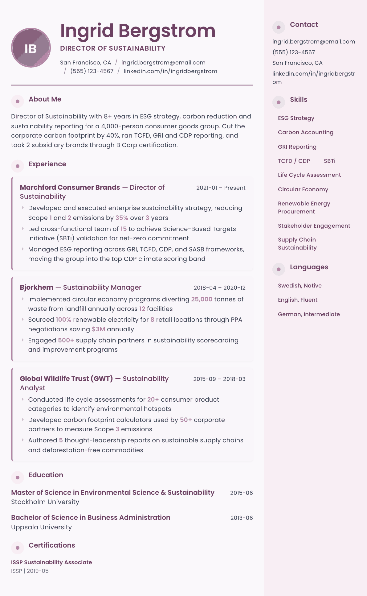 Sustainability Manager resume example, Bloom template