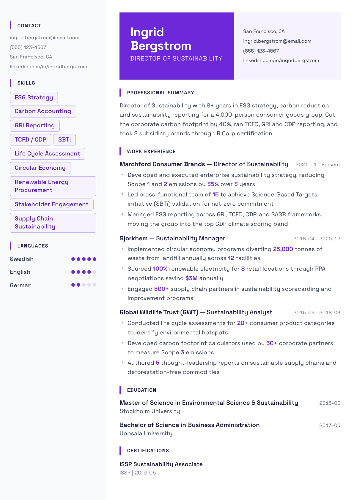 Sustainability Manager resume example, Tokyo template