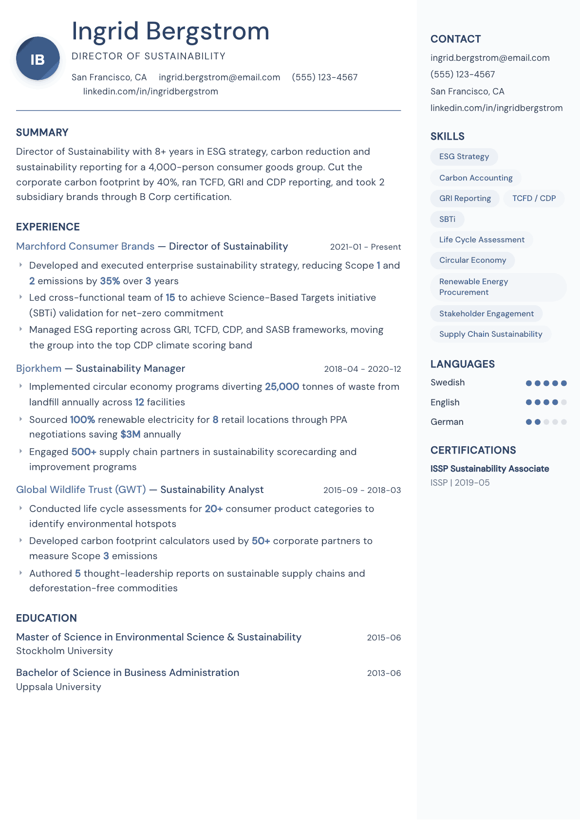 Sustainability Manager resume example, Kernel template