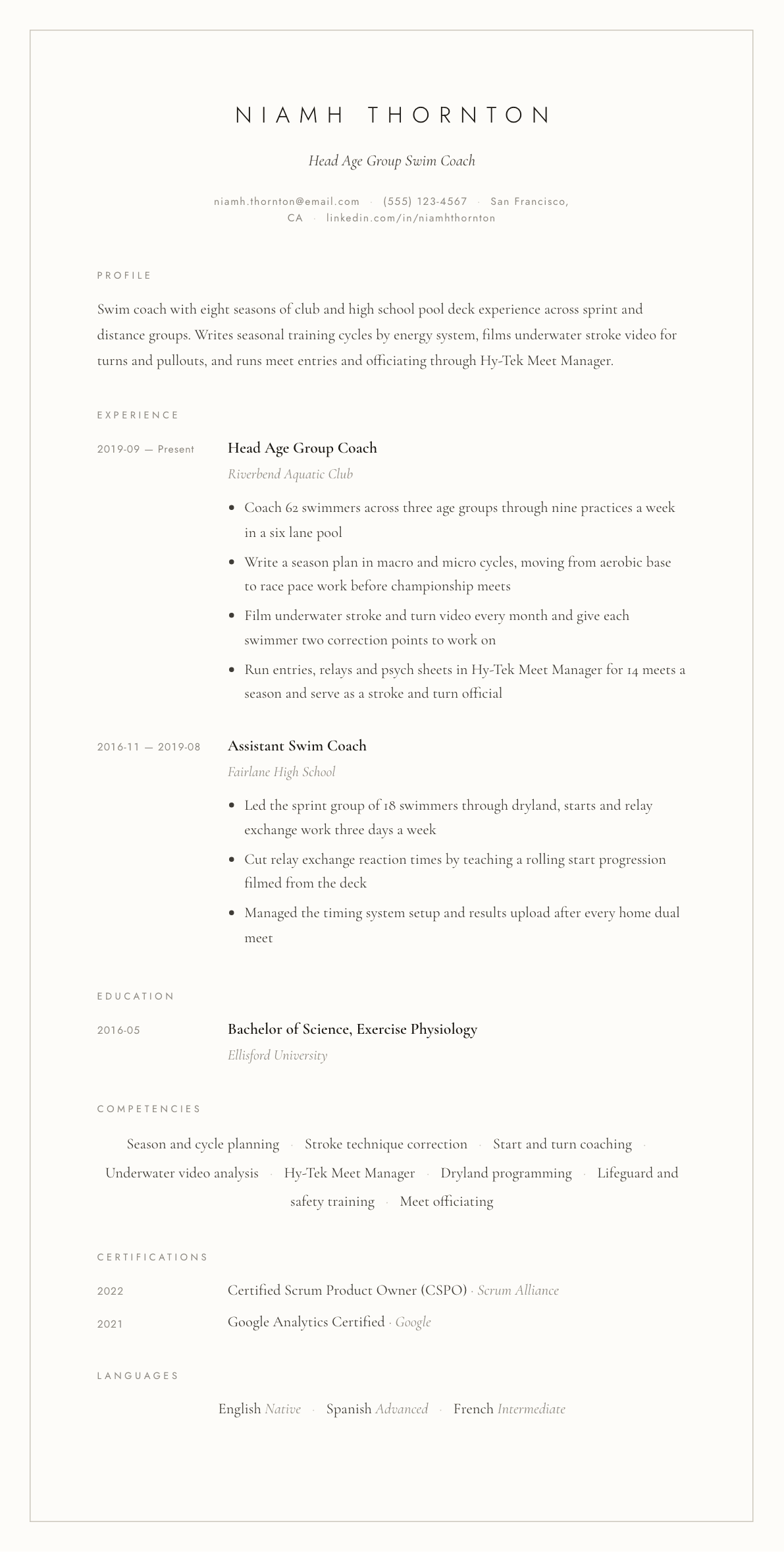 Swim Coach resume example, Vellum template