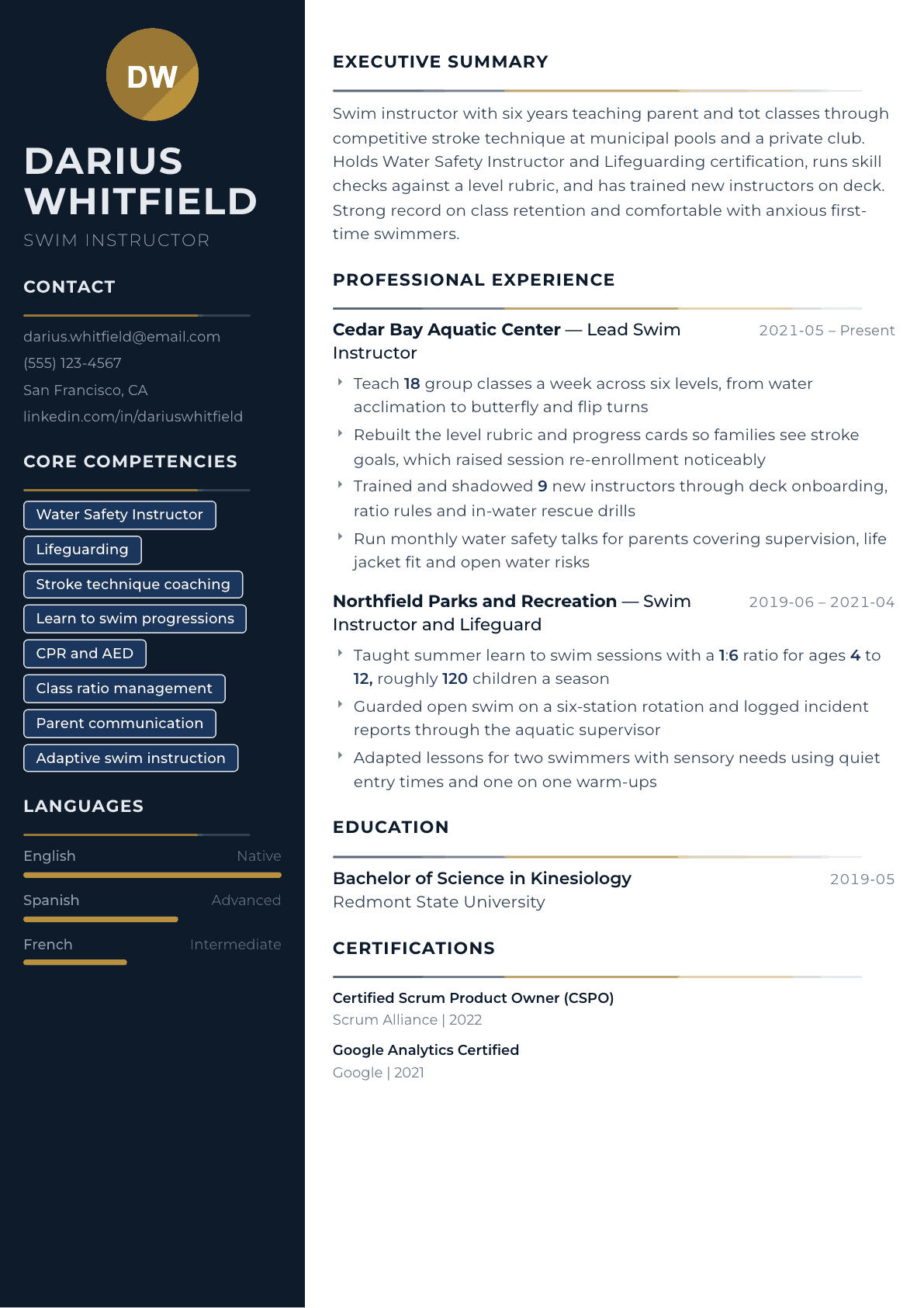Swim Instructor resume example, Catalyst template