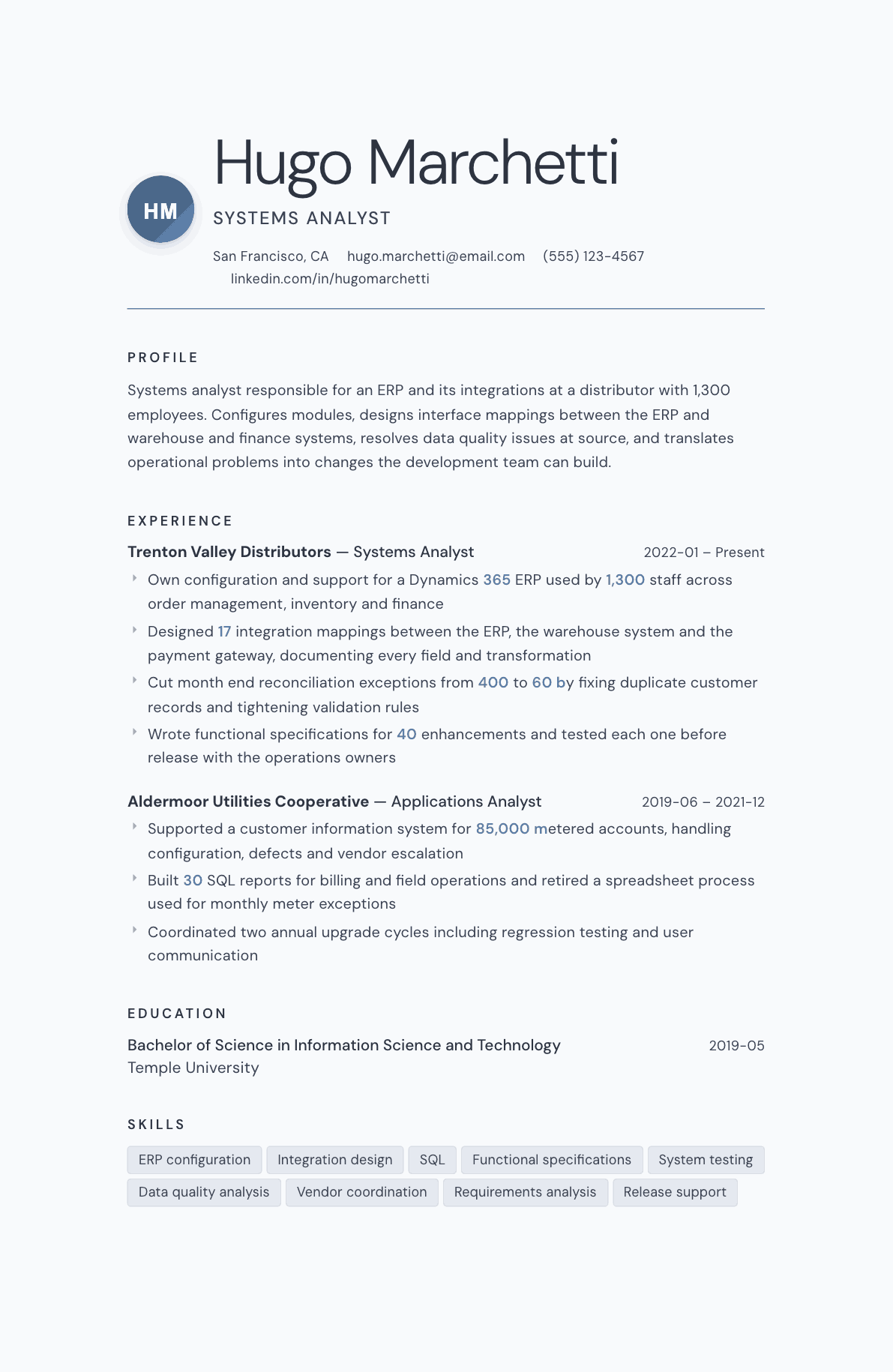 Systems Analyst resume example, Nordic template