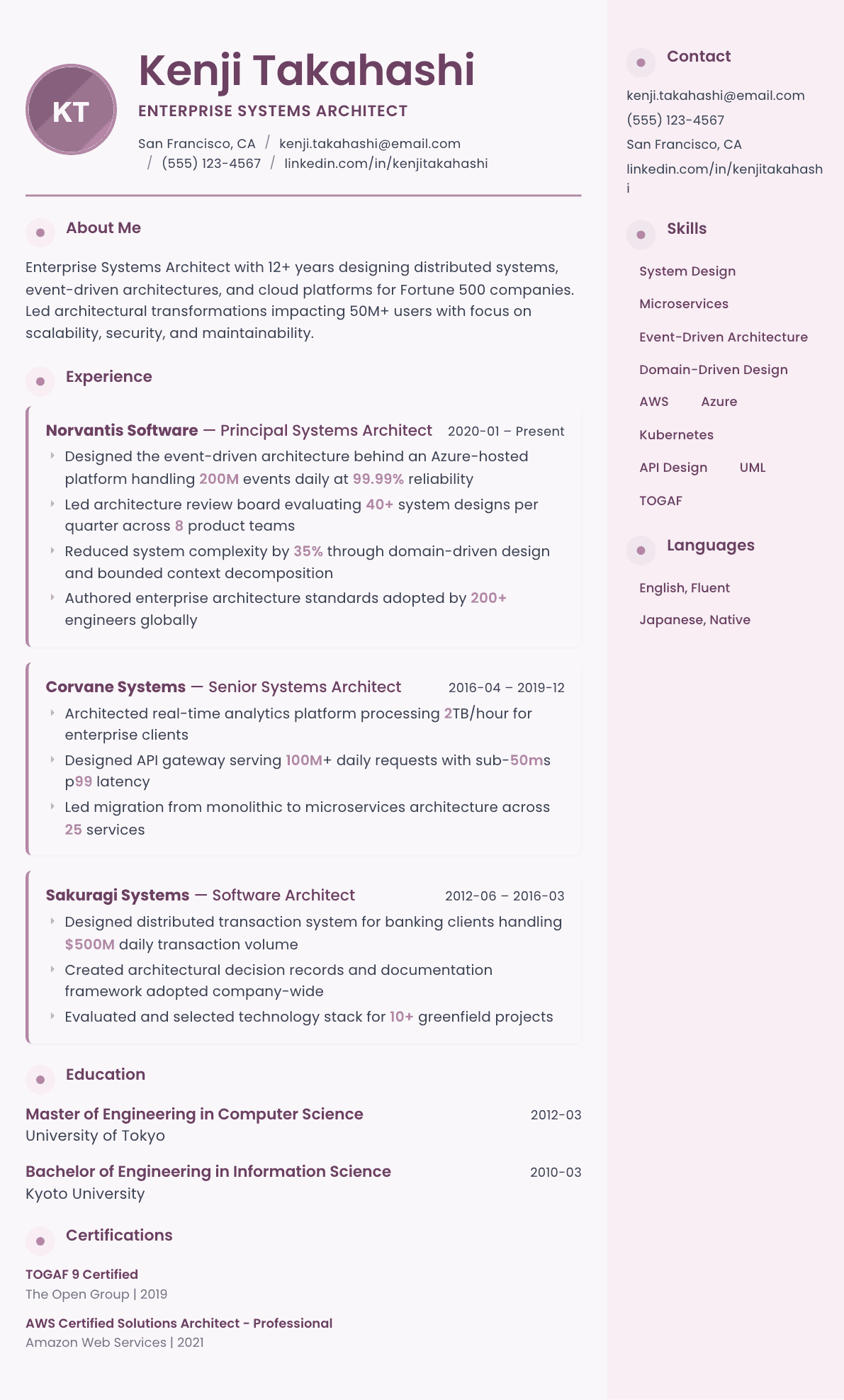 Systems Architect resume example, Bloom template