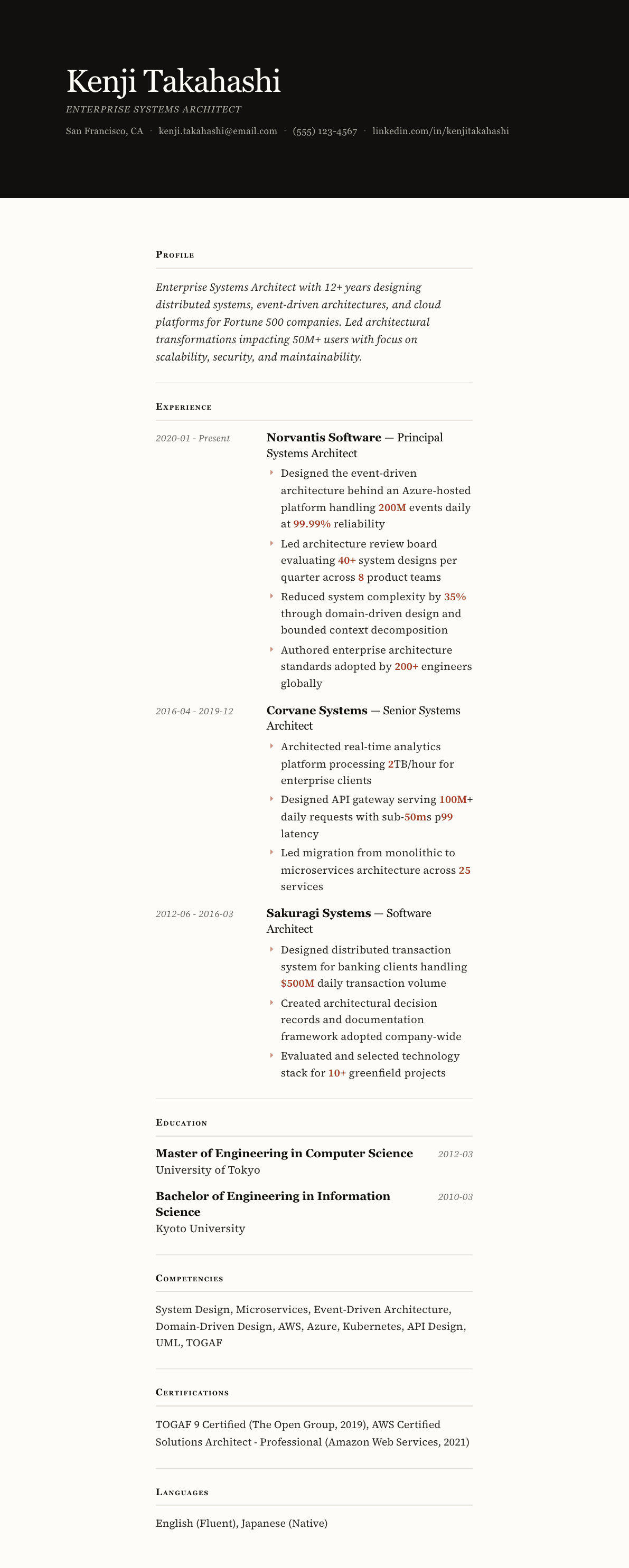 Systems Architect resume example, Broadsheet template