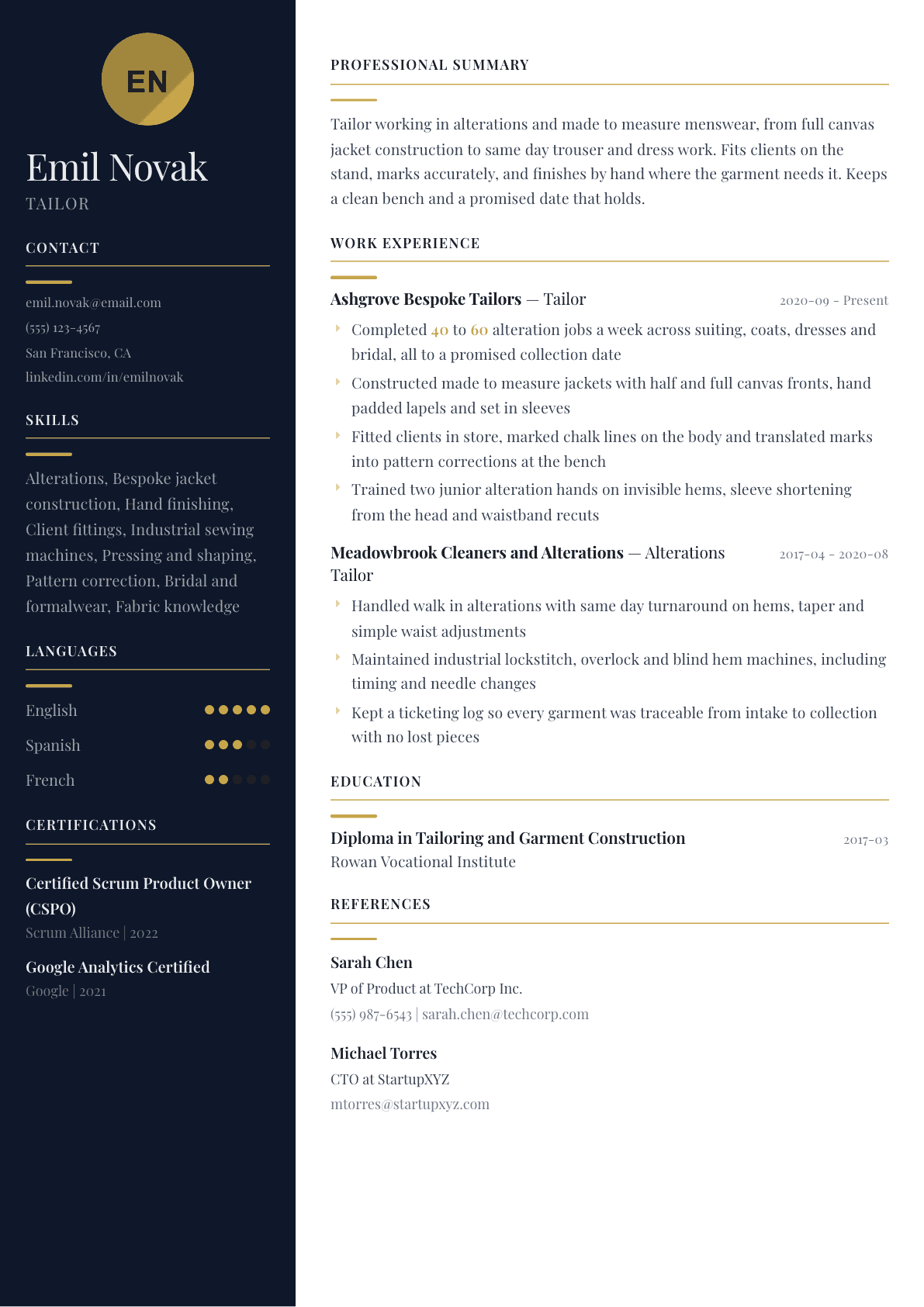 Tailor resume example, Zurich template