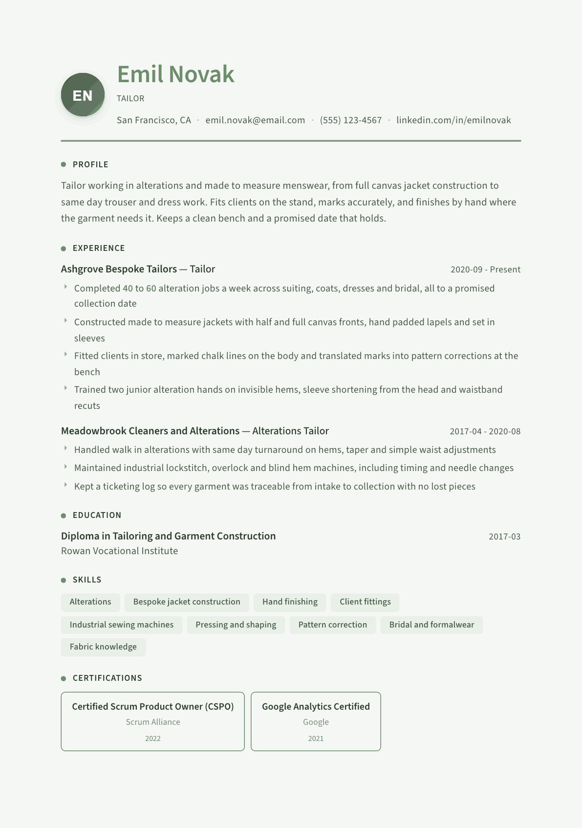 Tailor resume example, Sage Garden template