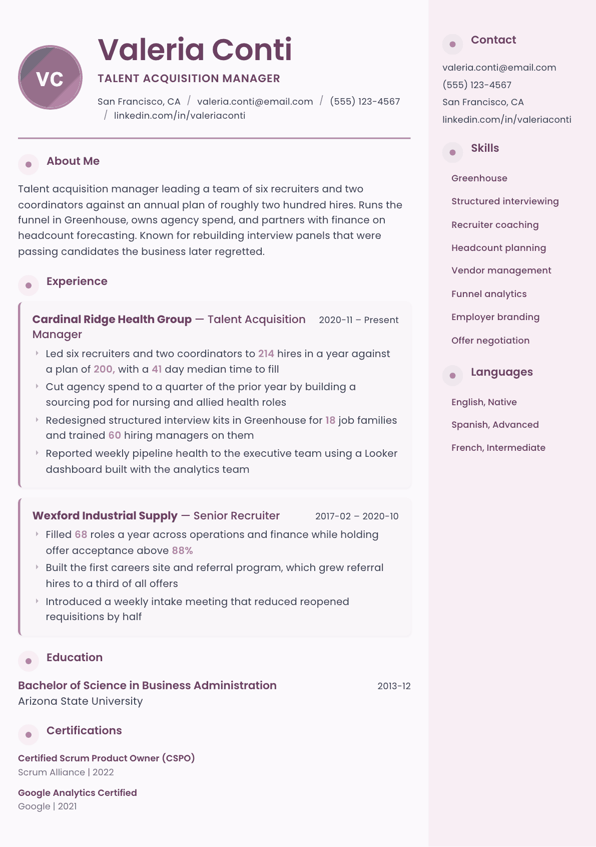 Talent Acquisition Manager resume example, Bloom template