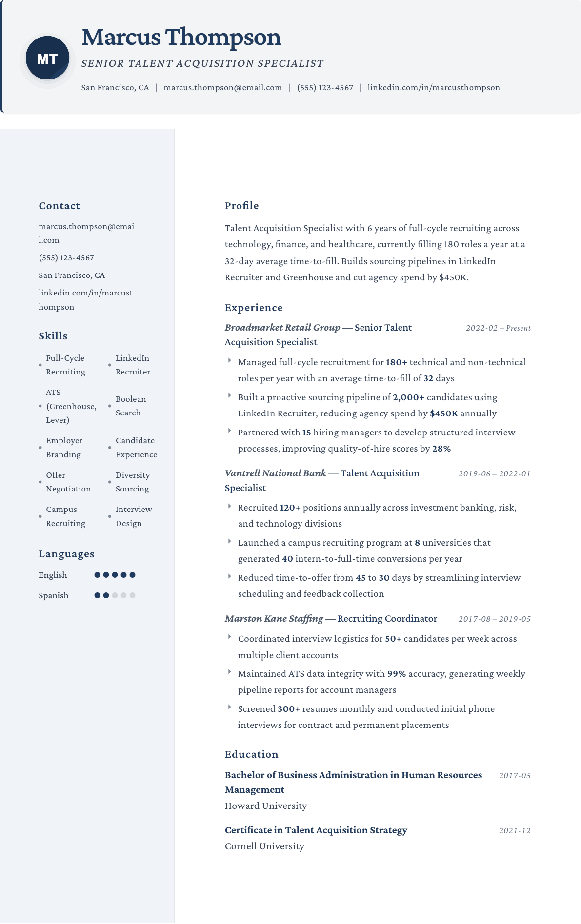 Talent Acquisition Specialist resume example, Formal template
