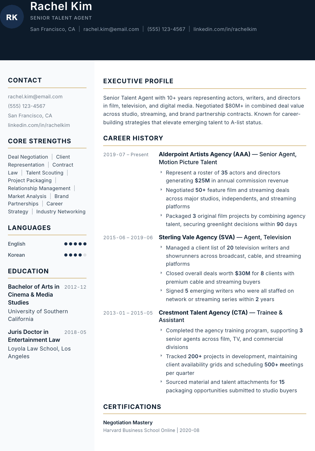 Talent Agent resume example, Consulate template