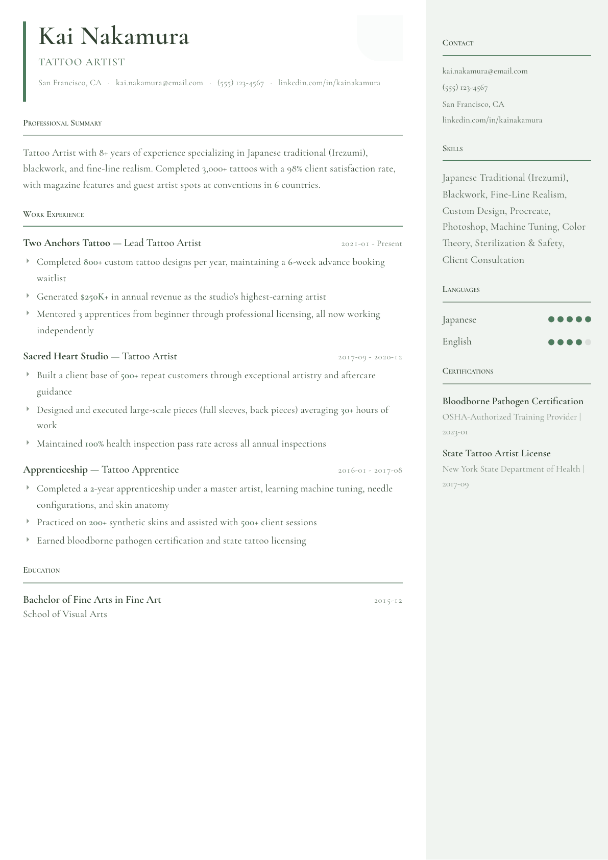 Tattoo Artist resume example, Copenhagen template