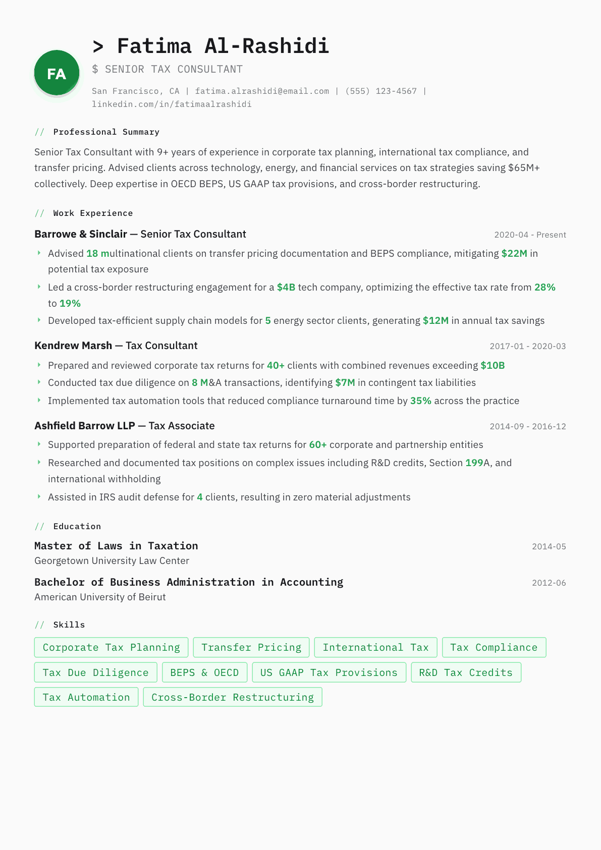 Tax Consultant resume example, Amsterdam template
