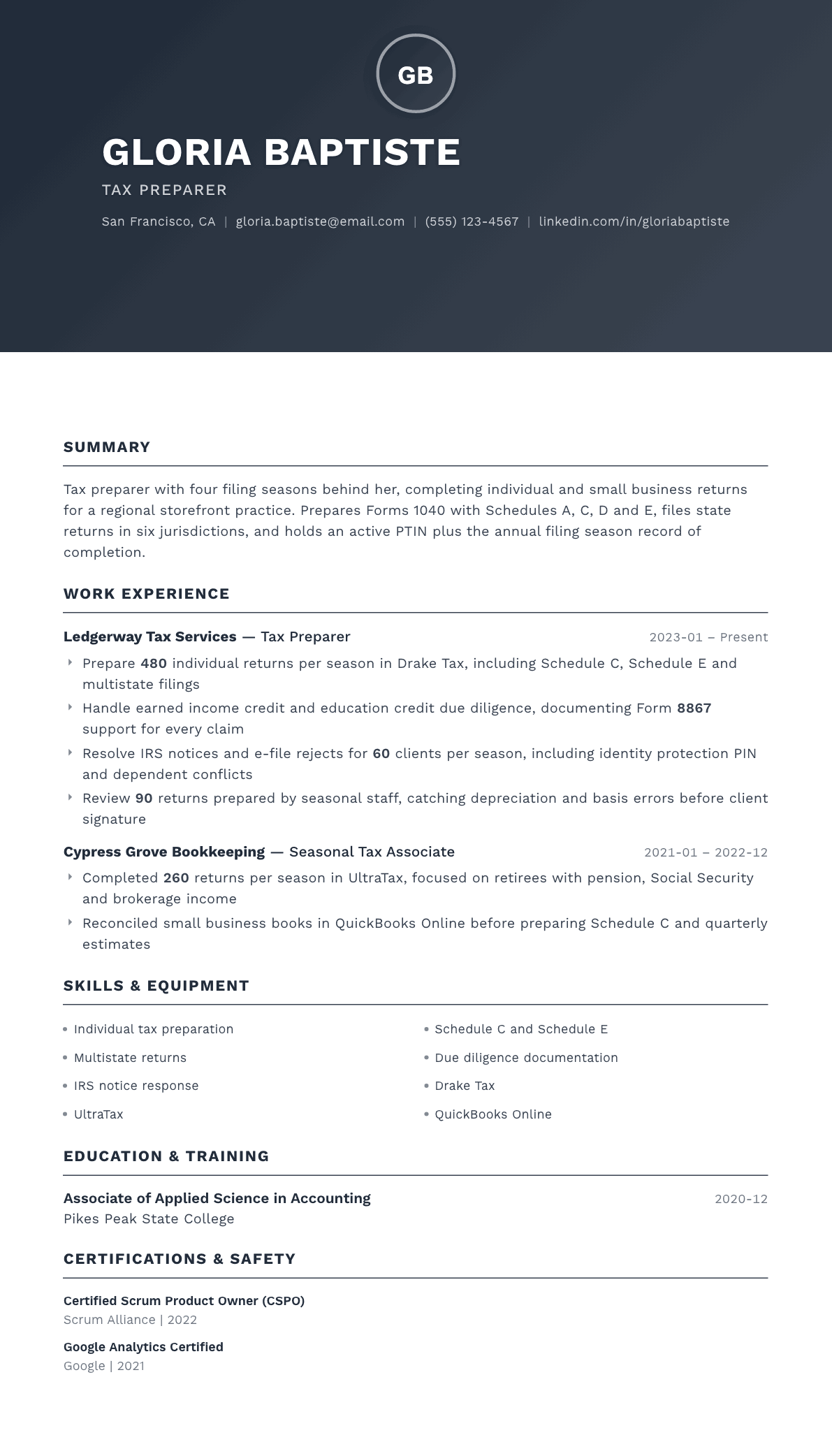 Tax Preparer resume example, Foundation template
