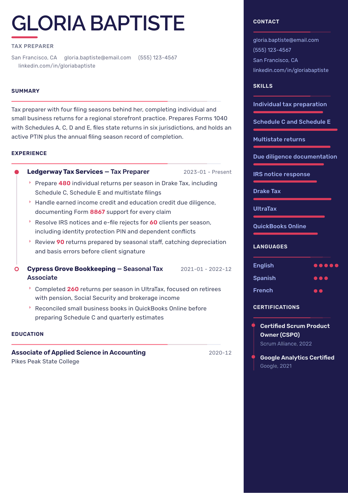 Tax Preparer resume example, Obsidian Dark template