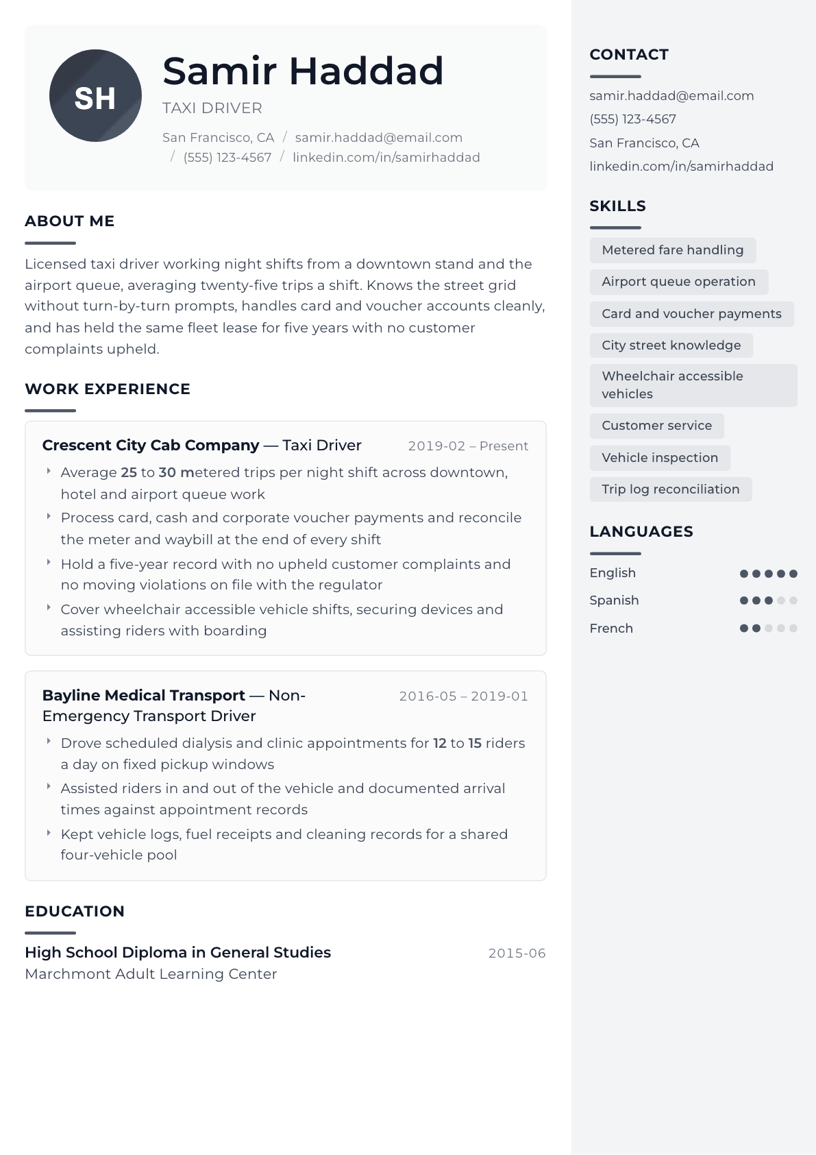 Taxi Driver resume example, Metropolitan template