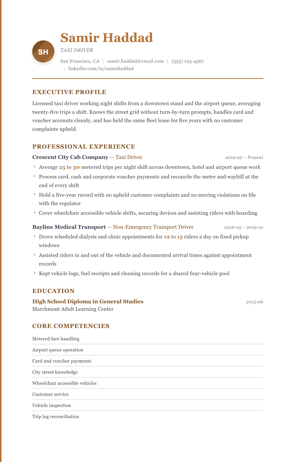 Taxi Driver resume example, Regency template