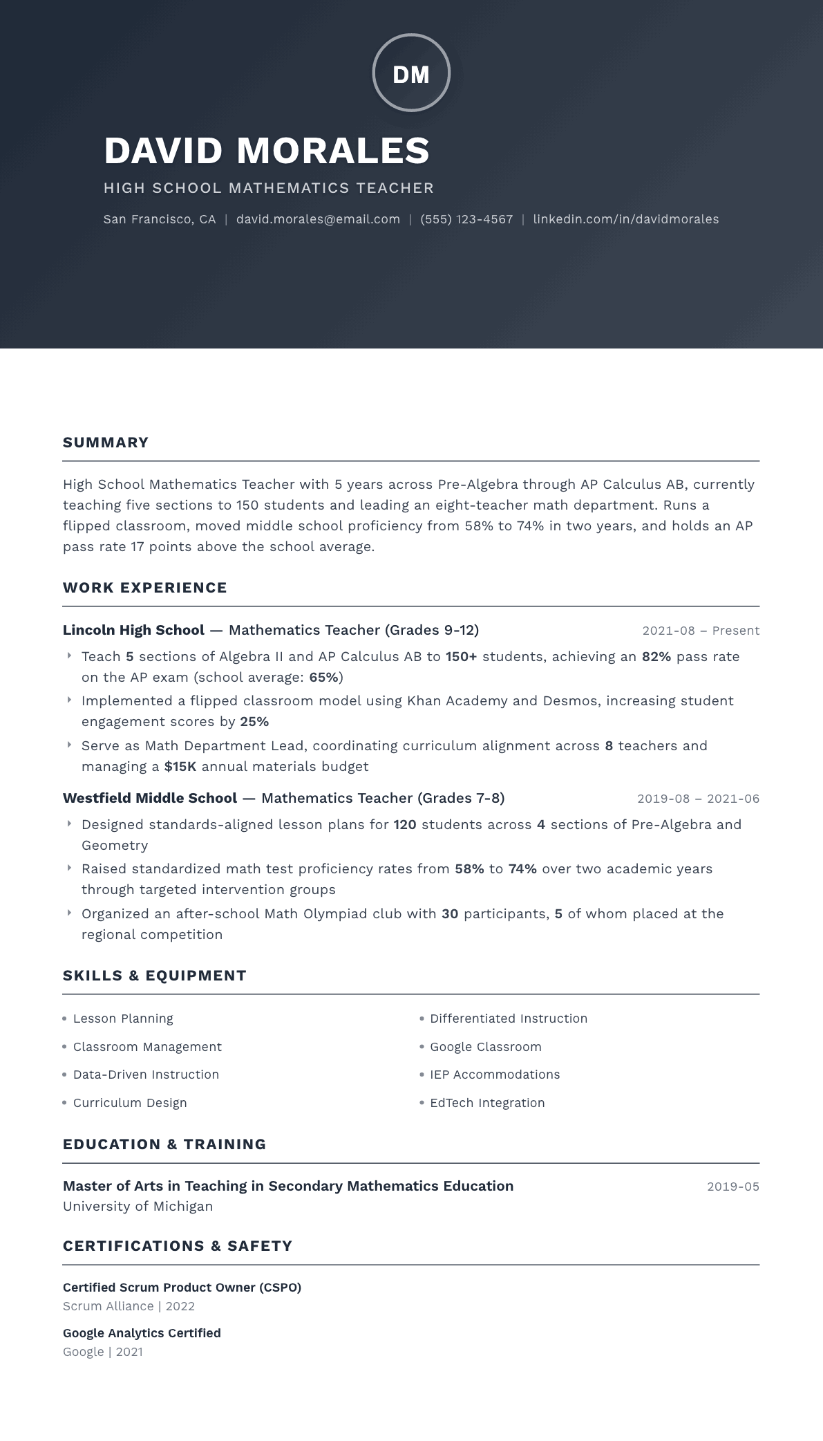 Teacher resume example, Foundation template