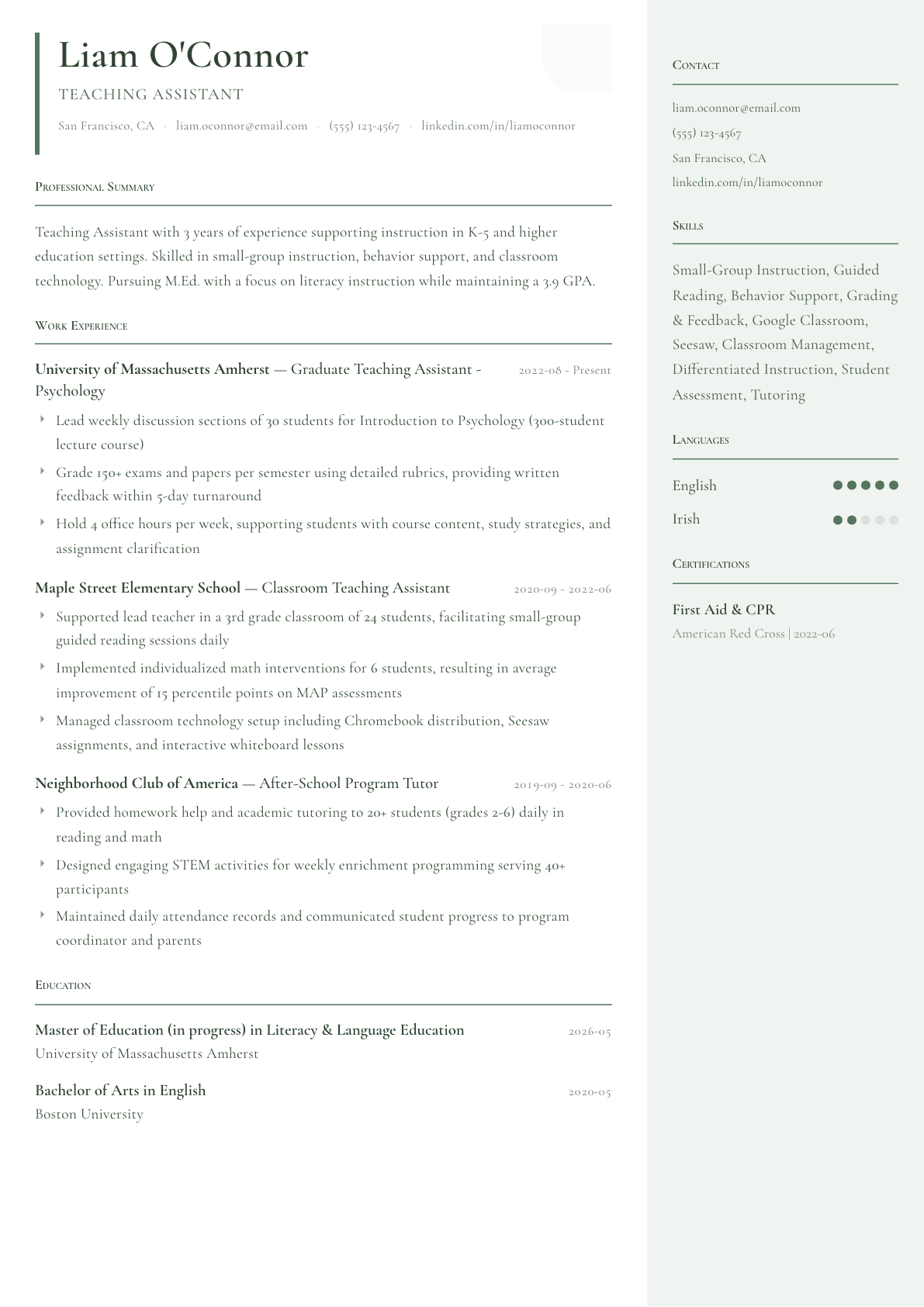 Teaching Assistant resume example, Copenhagen template