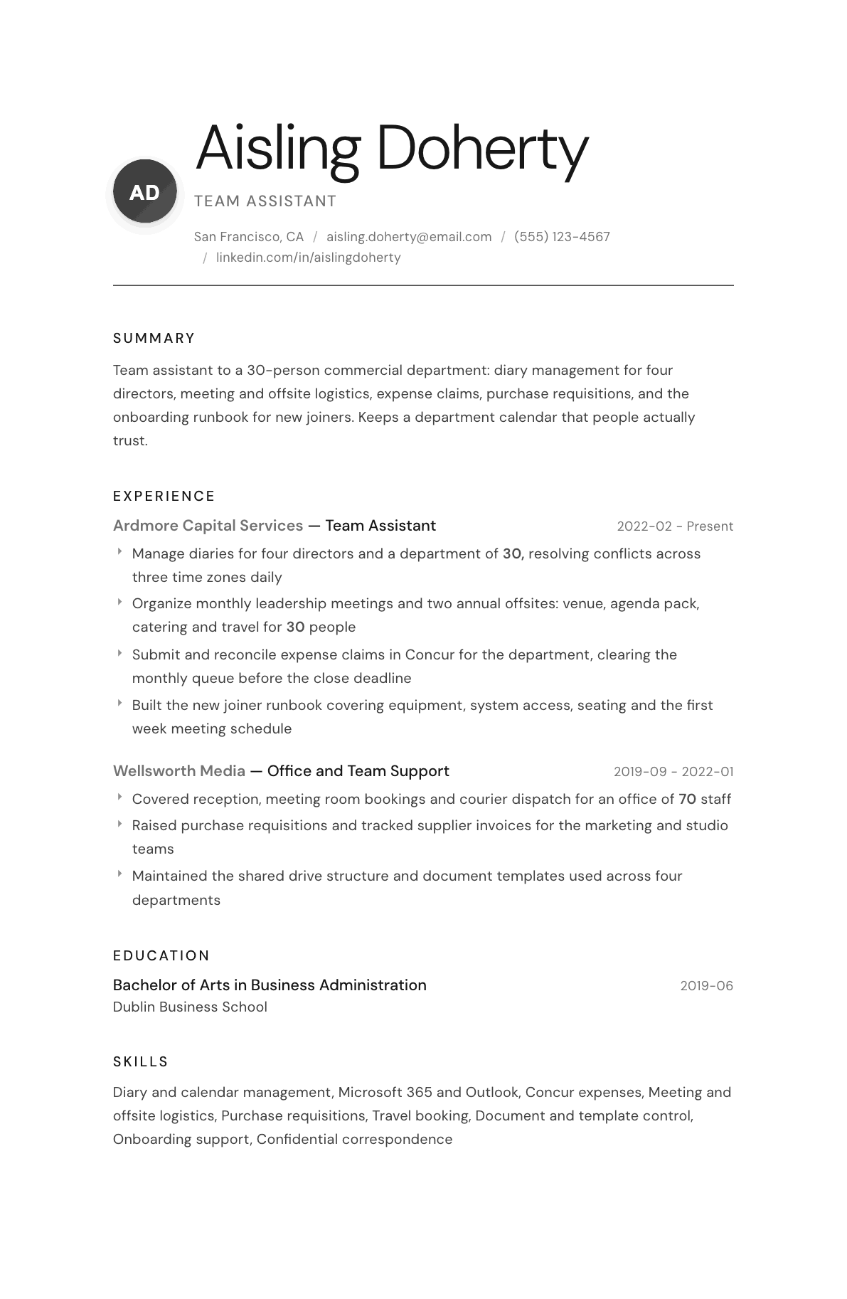 Team Assistant resume example, Whisper template