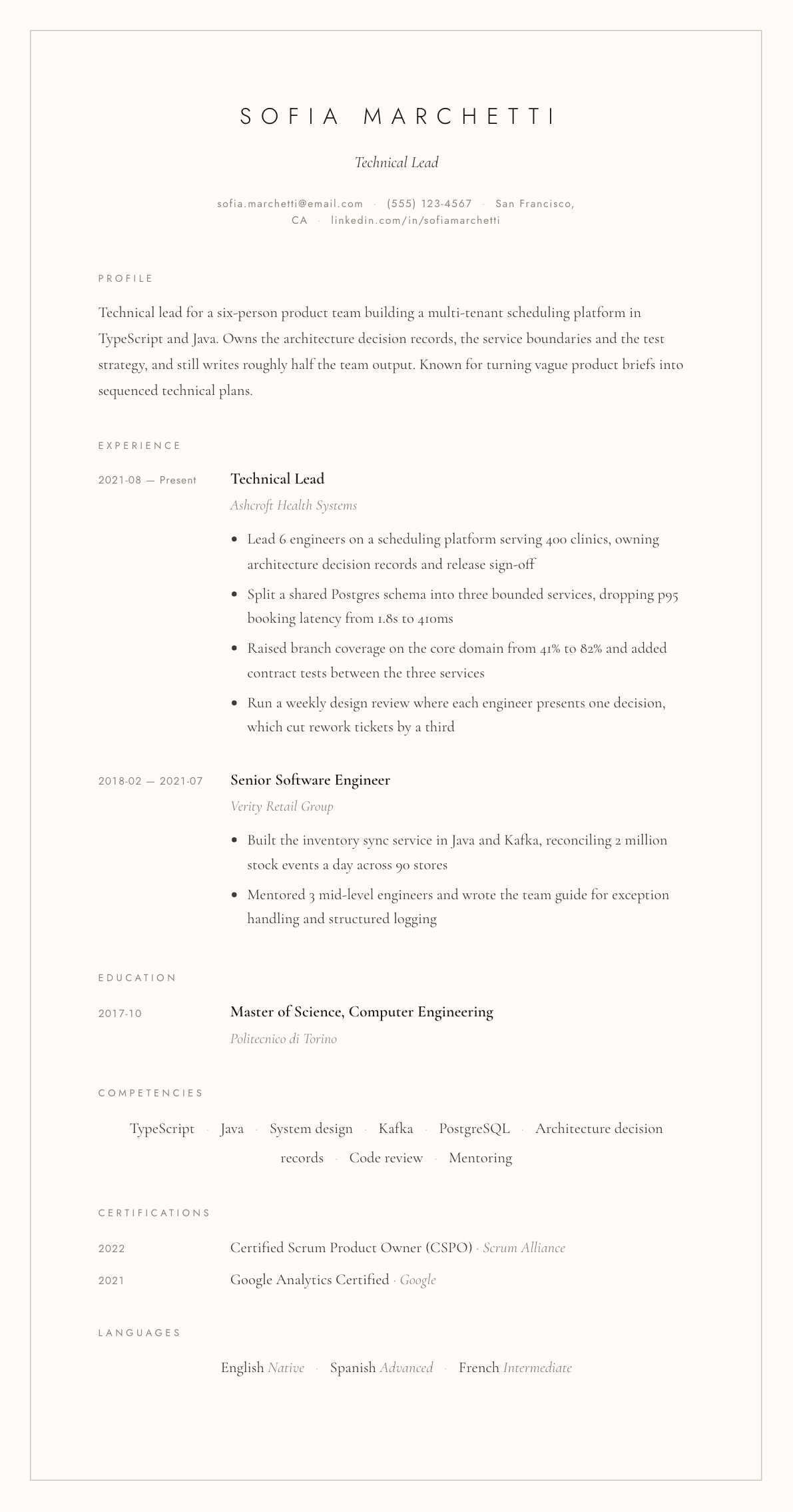 Technical Lead resume example, Vellum template