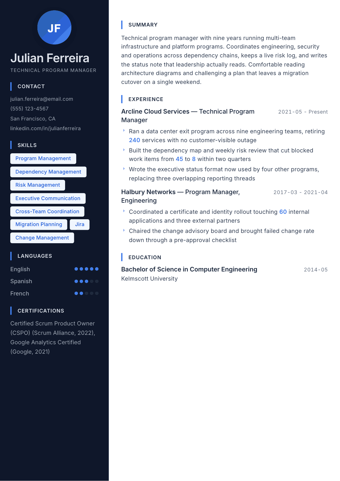 Technical Program Manager resume example, Midnight Sapphire template