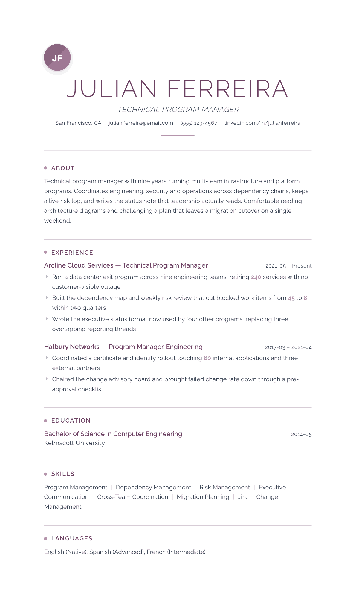 Technical Program Manager resume example, Serenity template