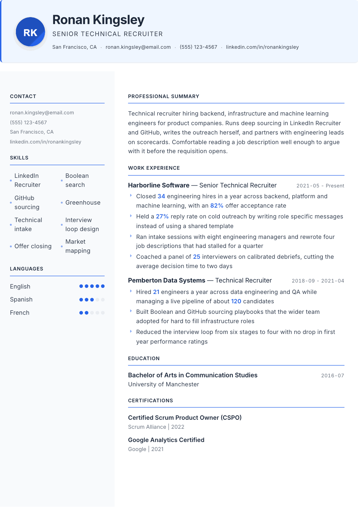 Technical Recruiter resume example, Geneva template