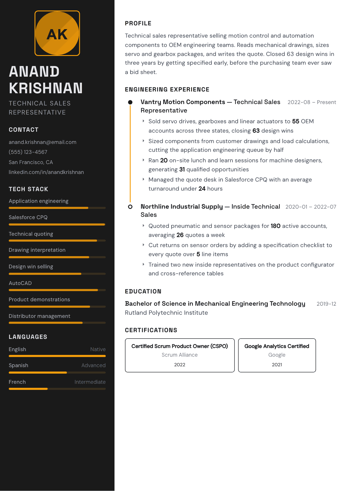 Technical Sales Representative resume example, Architect template