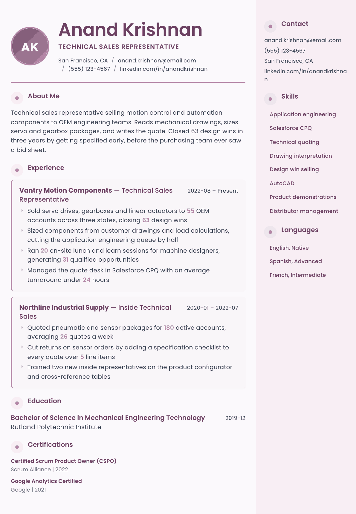Technical Sales Representative resume example, Bloom template
