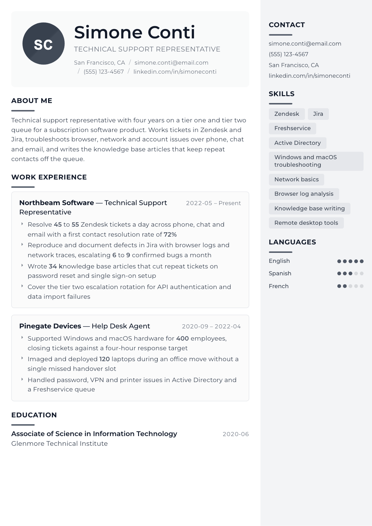 Technical Support Representative resume example, Metropolitan template