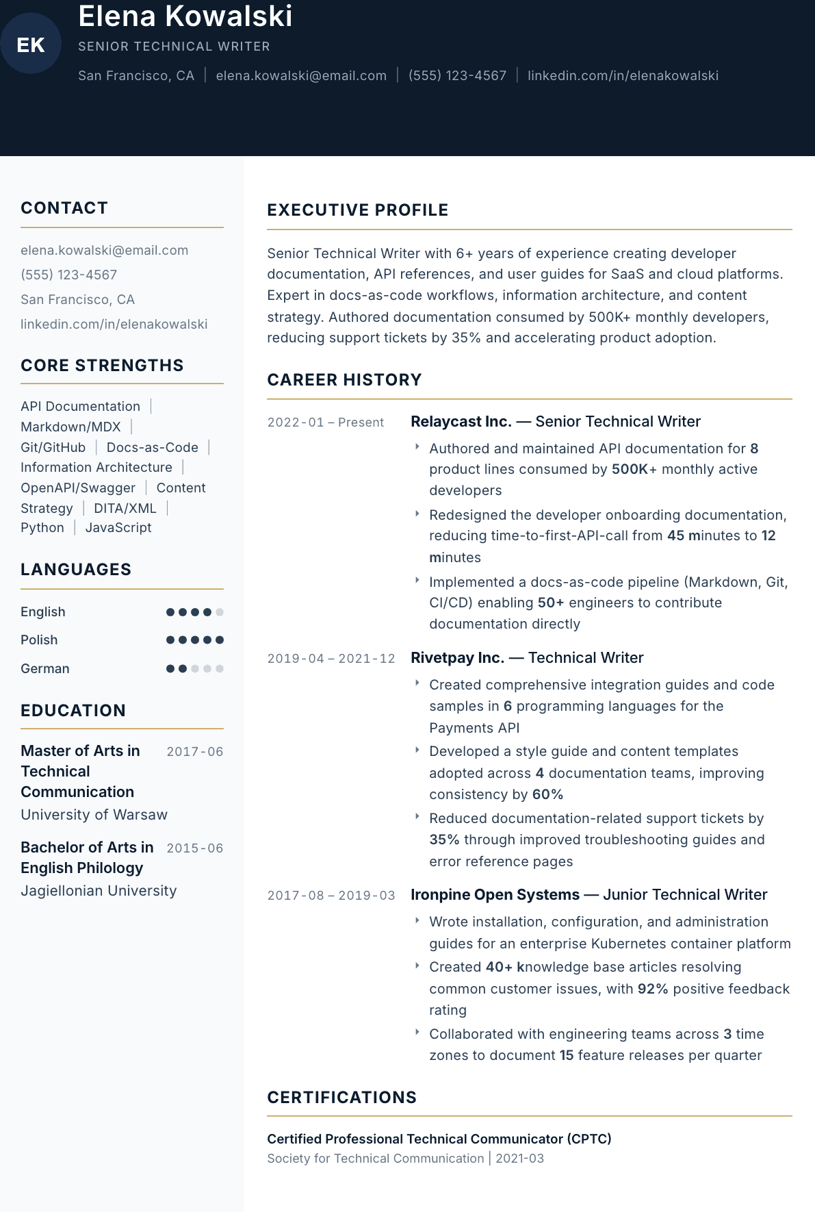Technical Writer resume example, Consulate template