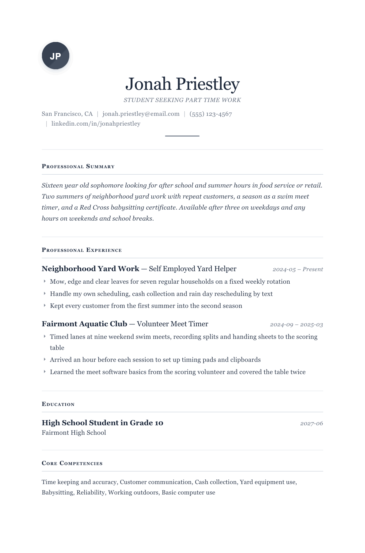 Teenager resume example, Cornerstone template