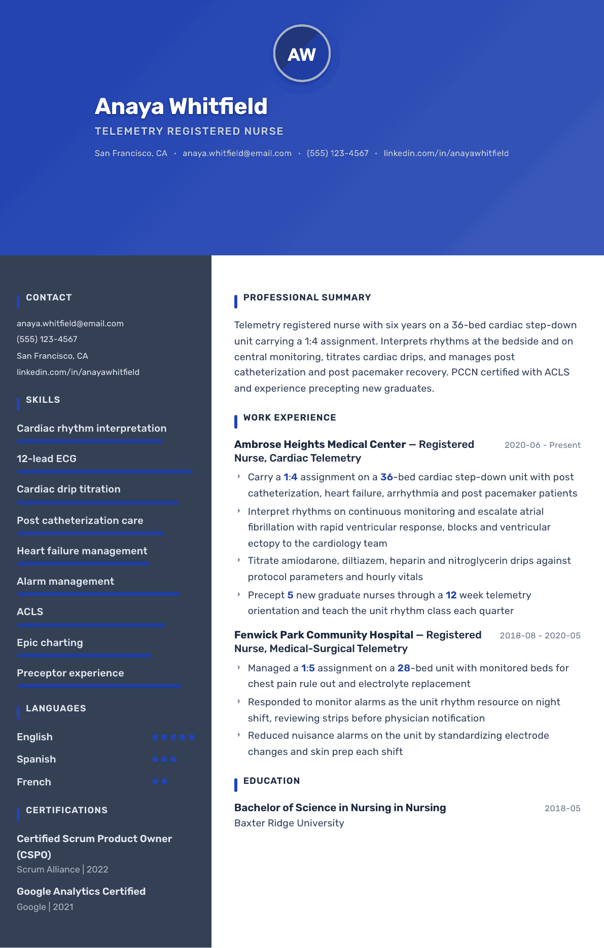 Telemetry Nurse resume example, Barcelona template