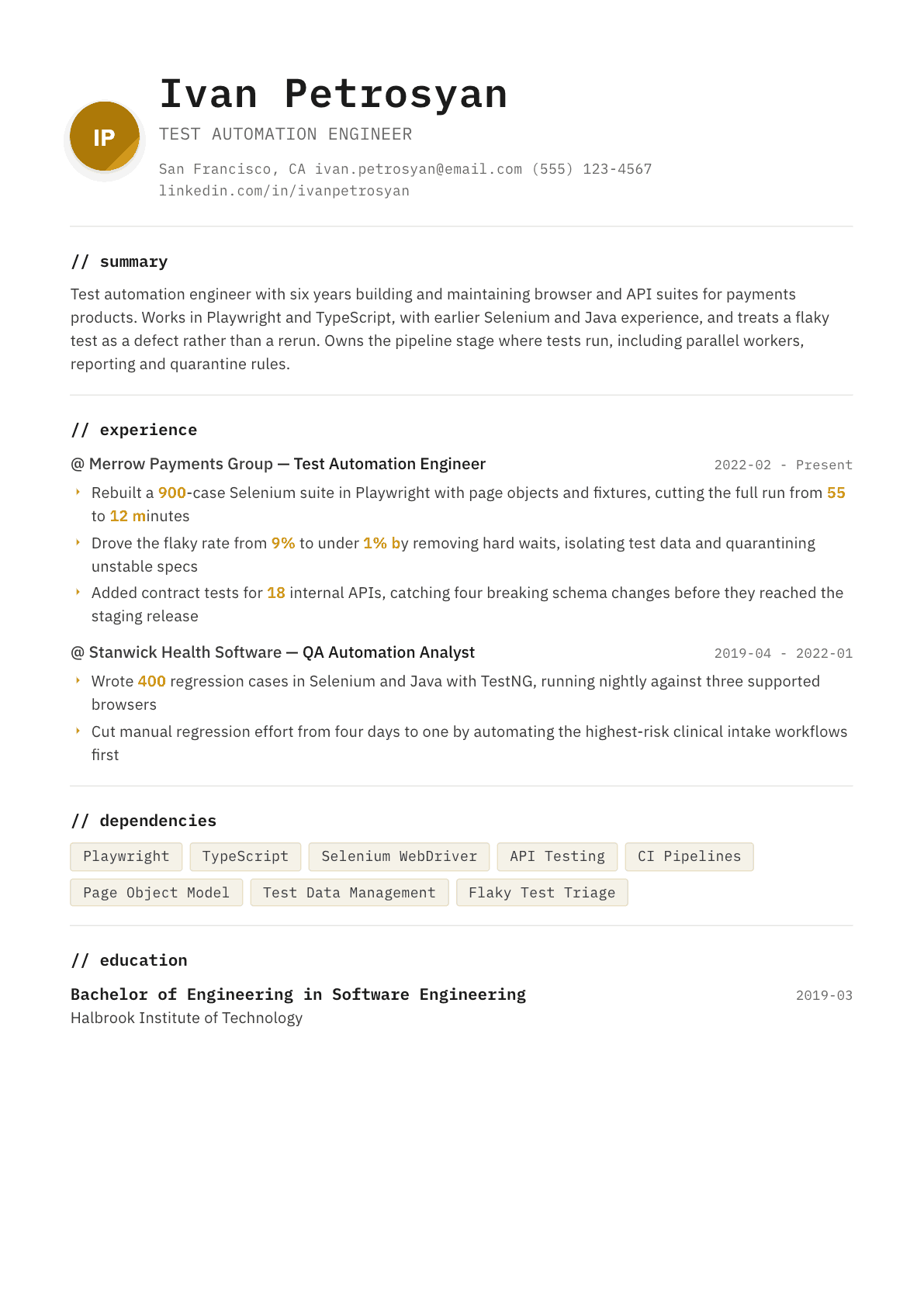 Test Automation Engineer resume example, Terminal template