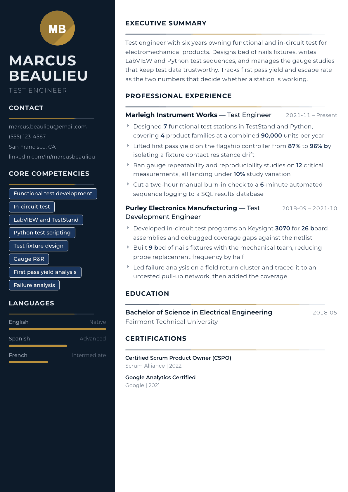 Test Engineer resume example, Catalyst template