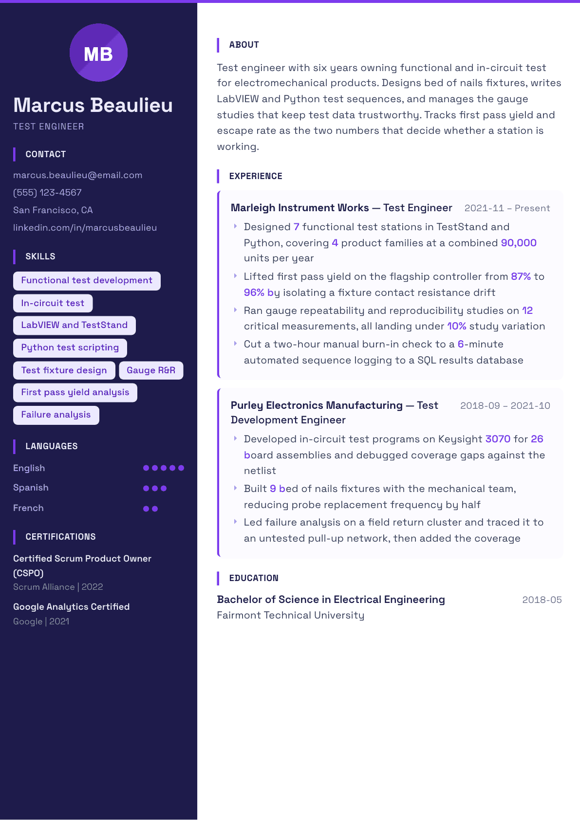 Test Engineer resume example, Solstice template