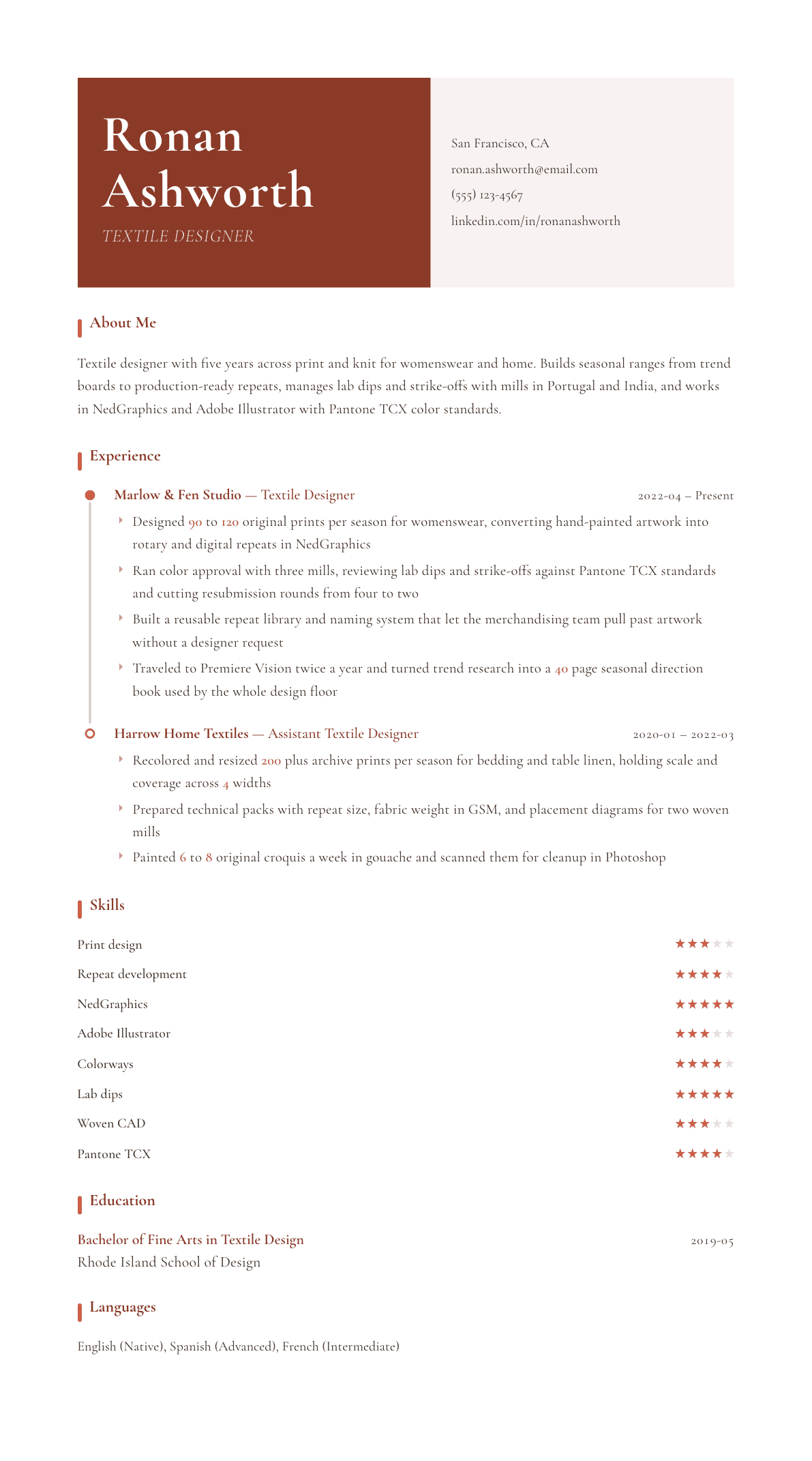 Textile Designer resume example, Artisan template