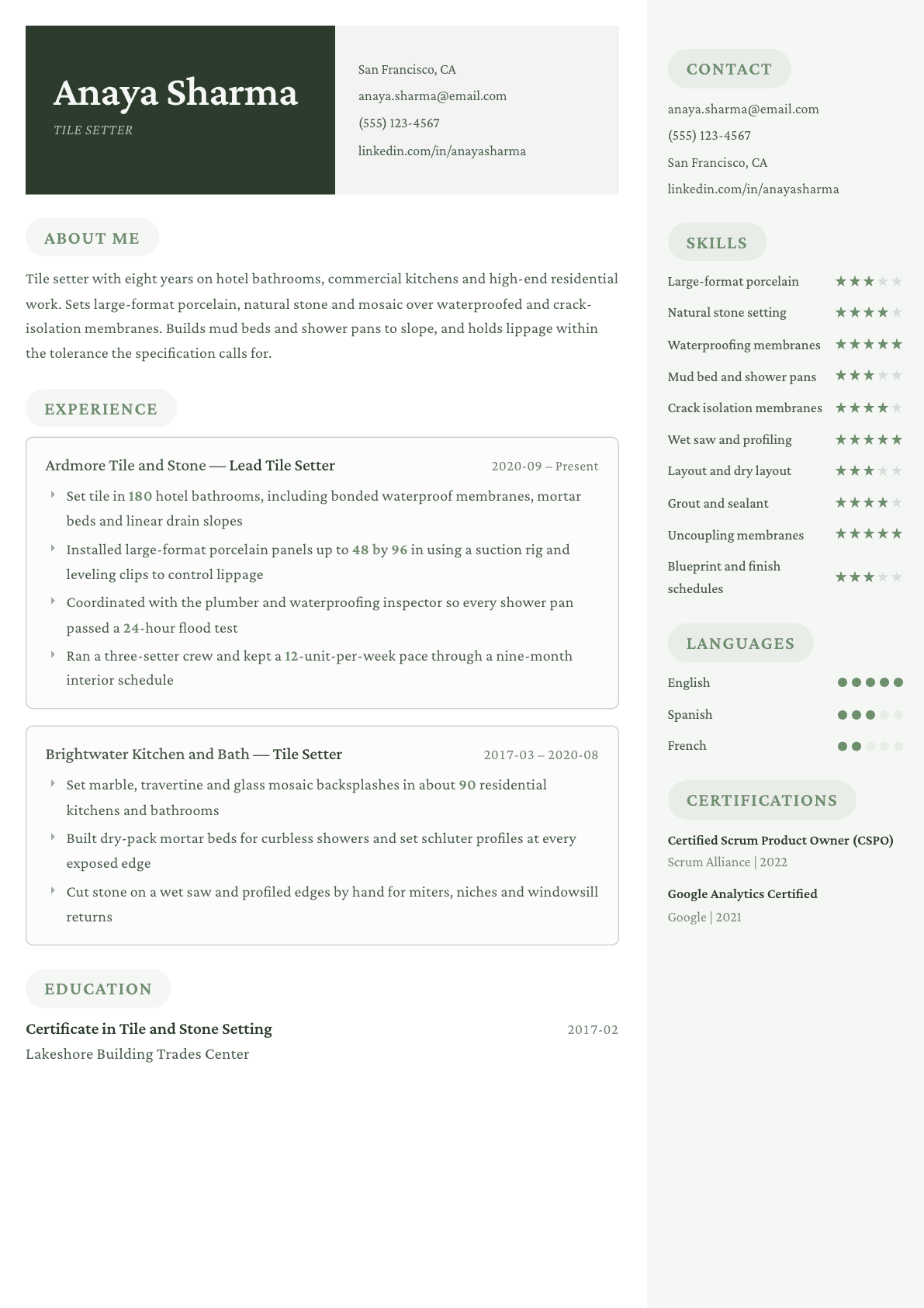 Tile Setter resume example, Mayfair template