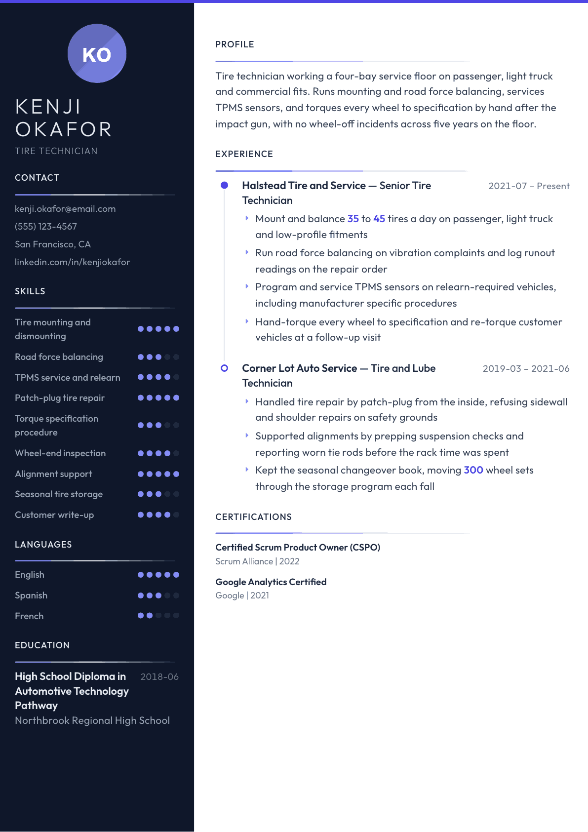 Tire Technician resume example, Zenith template