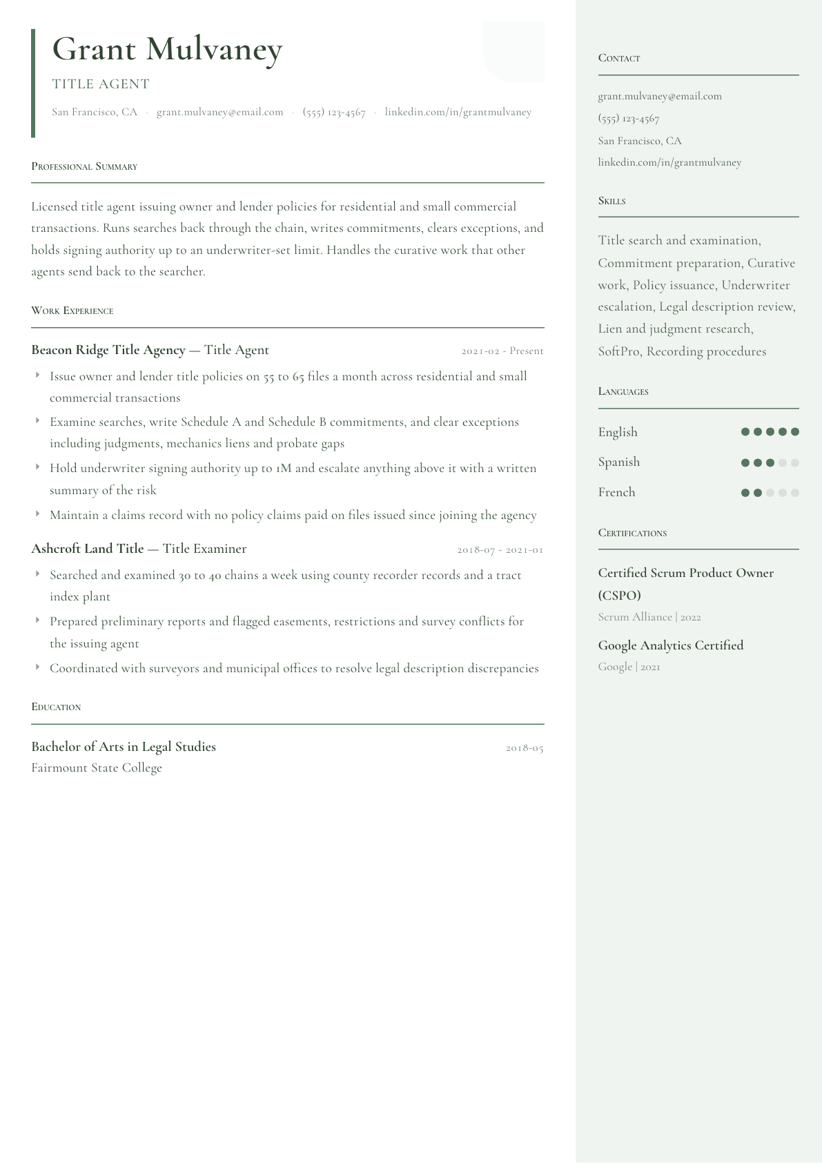 Title Agent resume example, Copenhagen template